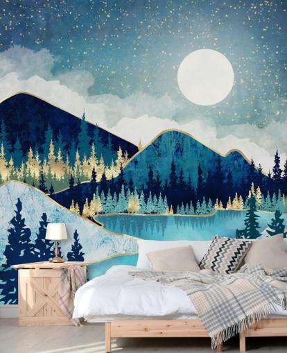 navy, turquoise and gold mountains and trees wallpaper