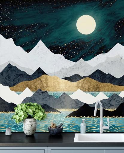 papel de parede azul, cinza e branco montanhas abstratas