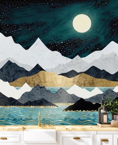 carta da parati montagne astratte blu, grigie e bianche