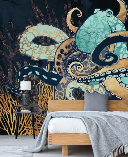 mural de parede de polvo turquesa, dourado e azul marinho chamado Octopus II da SpaceFrog Designs para banheiros e quartos
