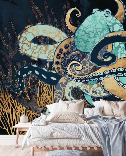 peinture murale en forme de poulpe turquoise, doré et bleu marine appelée Octopus II par SpaceFrog Designs pour les salles de bain et les chambres