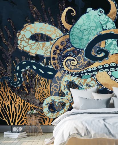 mural de parede de polvo turquesa, dourado e azul marinho chamado Octopus II da SpaceFrog Designs para banheiros e quartos mural de parede de polvo turquesa, dourado e azul marinho chamado Octopus II da SpaceFrog Designs para banheiros e quartos