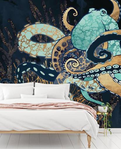 murale a parete con polpo turchese, oro e blu marino chiamato Octopus II di SpaceFrog Designs per bagni e camere da letto murale a parete con polpo turchese, oro e blu marino chiamato Octopus II di SpaceFrog Designs per bagni e camere da letto