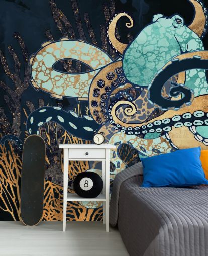 Tintenfisch-Wandbild in Türkis, Gold und Marineblau namens Octopus II von SpaceFrog Designs für Badezimmer und Schlafzimmer Tintenfisch-Wandbild in Türkis, Gold und Marineblau namens Octopus II von SpaceFrog Designs für Badezimmer und Schlafzimmer