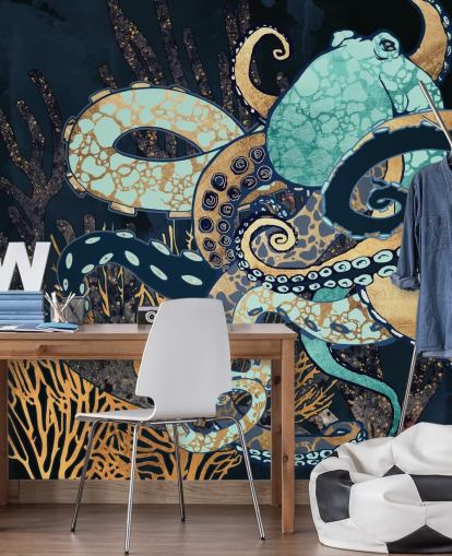 peinture murale en forme de poulpe turquoise, doré et bleu marine appelée Octopus II par SpaceFrog Designs pour les salles de bain et les chambres