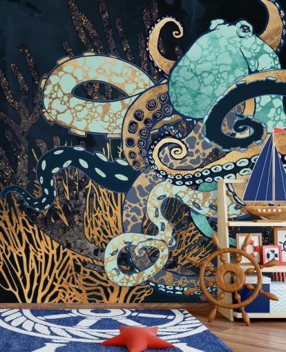 peinture murale en forme de poulpe turquoise, doré et bleu marine appelée Octopus II par SpaceFrog Designs pour les salles de bain et les chambres peinture murale en forme de poulpe turquoise, doré et bleu marine appelée Octopus II par SpaceFrog Designs pour les salles de bain et les chambres