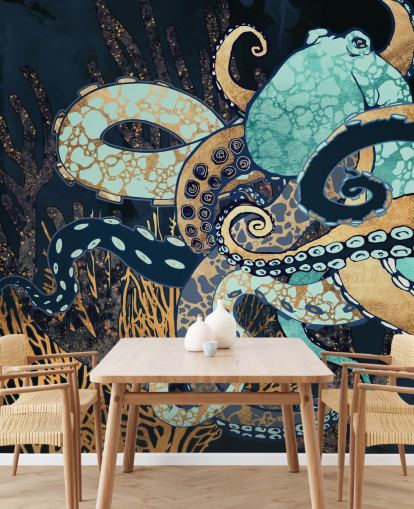 turquoise, gouden en marineblauwe octopus muurschildering genaamd Octopus II van SpaceFrog Designs voor badkamers en slaapkamers