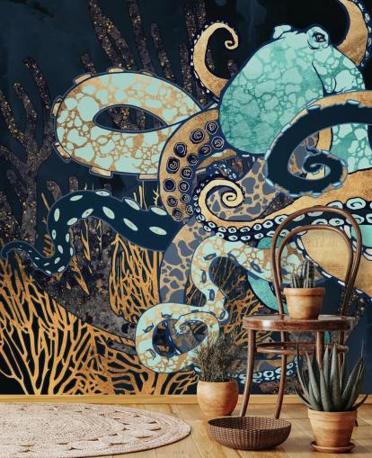 murale a parete con polpo turchese, oro e blu marino chiamato Octopus II di SpaceFrog Designs per bagni e camere da letto
