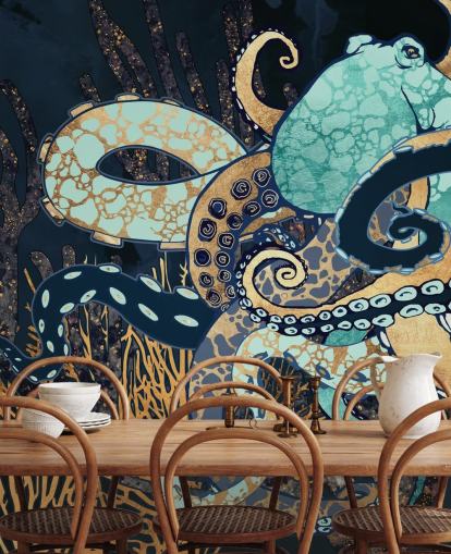 turkis, guld og marineblå blæksprutte vægmaleri kaldet Octopus II af SpaceFrog Design til badeværelser og soveværelser