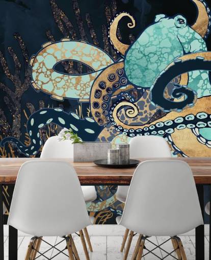 murale a parete con polpo turchese, oro e blu marino chiamato Octopus II di SpaceFrog Designs per bagni e camere da letto murale a parete con polpo turchese, oro e blu marino chiamato Octopus II di SpaceFrog Designs per bagni e camere da letto