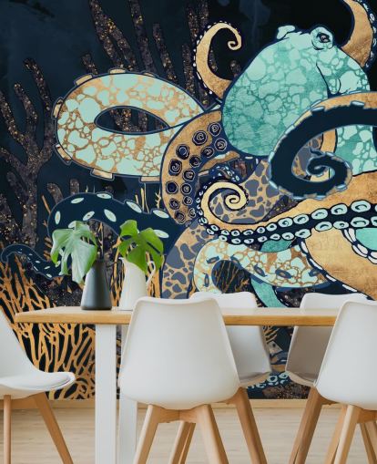 turquoise, gouden en marineblauwe octopus muurschildering genaamd Octopus II van SpaceFrog Designs voor badkamers en slaapkamers