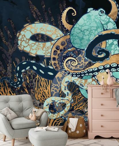 mural de pared de pulpo turquesa, dorado y azul marino llamado Octopus II de SpaceFrog Designs para baños y dormitorios