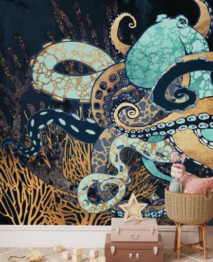 mural de parede de polvo turquesa, dourado e azul marinho chamado Octopus II da SpaceFrog Designs para banheiros e quartos