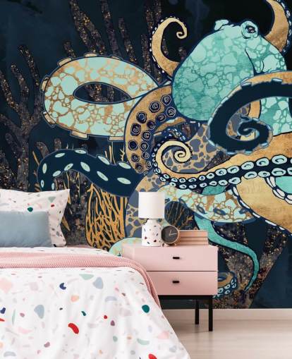 turkis, gull og marineblå blekksprut veggmaleri kalt Octopus II av SpaceFrog Design for bad og soverom
