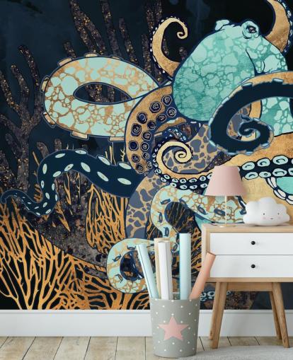 turquoise, gouden en marineblauwe octopus muurschildering genaamd Octopus II van SpaceFrog Designs voor badkamers en slaapkamers turquoise, gouden en marineblauwe octopus muurschildering genaamd Octopus II van SpaceFrog Designs voor badkamers en slaapkamers