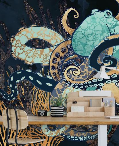 peinture murale en forme de poulpe turquoise, doré et bleu marine appelée Octopus II par SpaceFrog Designs pour les salles de bain et les chambres
