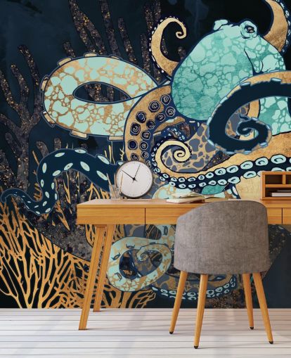 turquoise, gouden en marineblauwe octopus muurschildering genaamd Octopus II van SpaceFrog Designs voor badkamers en slaapkamers turquoise, gouden en marineblauwe octopus muurschildering genaamd Octopus II van SpaceFrog Designs voor badkamers en slaapkamers
