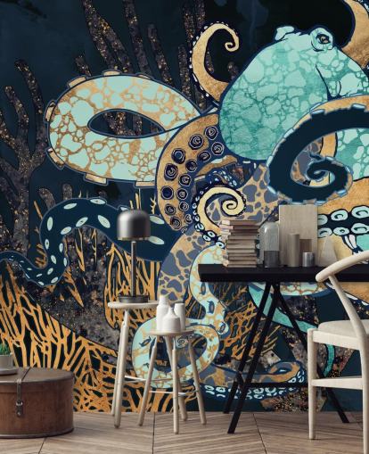 Tintenfisch-Wandbild in Türkis, Gold und Marineblau namens Octopus II von SpaceFrog Designs für Badezimmer und Schlafzimmer