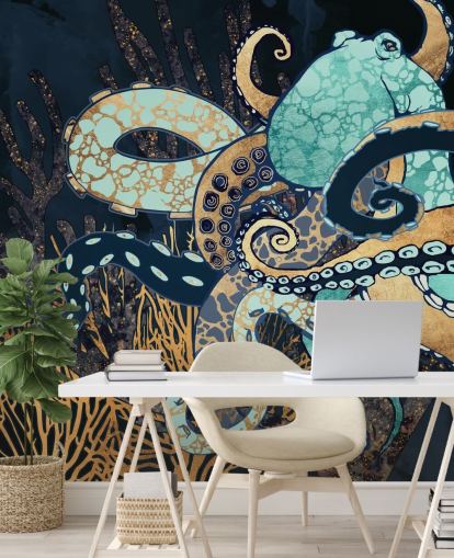 turquoise, gouden en marineblauwe octopus muurschildering genaamd Octopus II van SpaceFrog Designs voor badkamers en slaapkamers turquoise, gouden en marineblauwe octopus muurschildering genaamd Octopus II van SpaceFrog Designs voor badkamers en slaapkamers