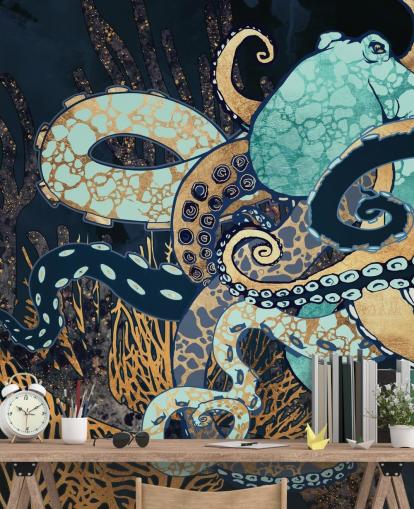 mural de pared de pulpo turquesa, dorado y azul marino llamado Octopus II de SpaceFrog Designs para baños y dormitorios