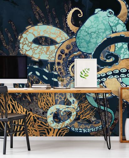turquoise, gold and navy octopus wall mural called Octopus II by SpaceFrog Designs for bathrooms and bedrooms