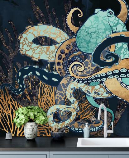turkis, gull og marineblå blekksprut veggmaleri kalt Octopus II av SpaceFrog Design for bad og soverom