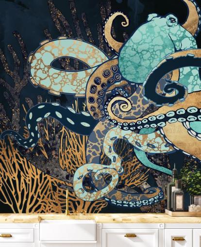 Tintenfisch-Wandbild in Türkis, Gold und Marineblau namens Octopus II von SpaceFrog Designs für Badezimmer und Schlafzimmer Tintenfisch-Wandbild in Türkis, Gold und Marineblau namens Octopus II von SpaceFrog Designs für Badezimmer und Schlafzimmer