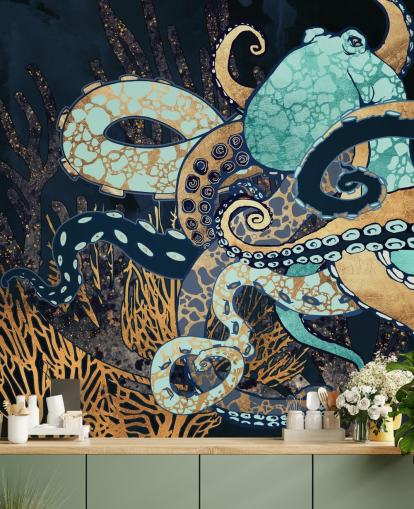 mural de pared de pulpo turquesa, dorado y azul marino llamado Octopus II de SpaceFrog Designs para baños y dormitorios