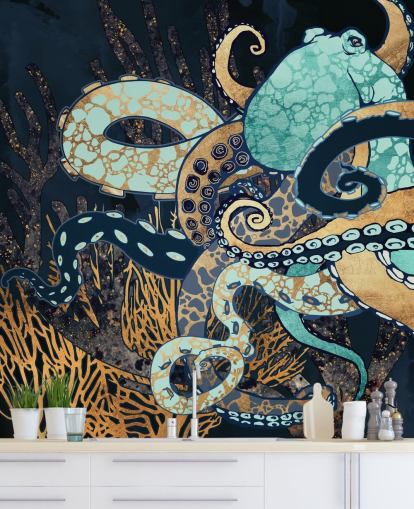 turquoise, gold and navy octopus wall mural called Octopus II by SpaceFrog Designs for bathrooms and bedrooms