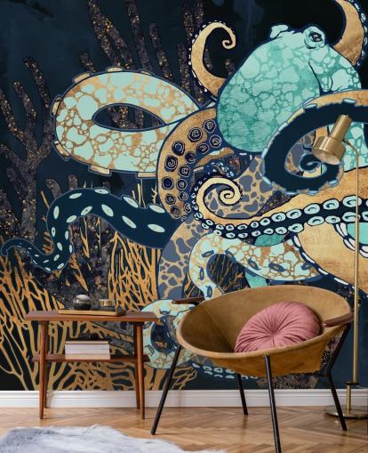 turquoise, gouden en marineblauwe octopus muurschildering genaamd Octopus II van SpaceFrog Designs voor badkamers en slaapkamers
