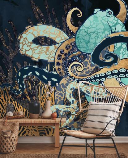 peinture murale en forme de poulpe turquoise, doré et bleu marine appelée Octopus II par SpaceFrog Designs pour les salles de bain et les chambres peinture murale en forme de poulpe turquoise, doré et bleu marine appelée Octopus II par SpaceFrog Designs pour les salles de bain et les chambres