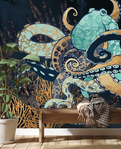 turkos, guld och marinblå bläckfisk väggmålning kallad Octopus II av SpaceFrog Design för badrum och sovrum