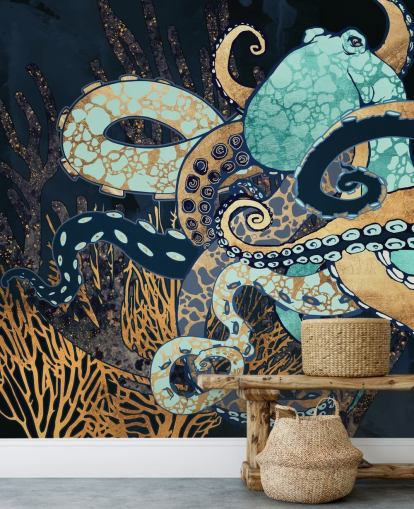 peinture murale en forme de poulpe turquoise, doré et bleu marine appelée Octopus II par SpaceFrog Designs pour les salles de bain et les chambres