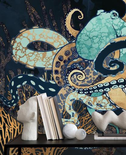 turquoise, gold and navy octopus wall mural turquoise, gold and navy octopus wall mural
