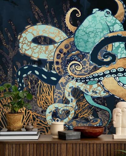 mural de pared de pulpo turquesa, dorado y azul marino llamado Octopus II de SpaceFrog Designs para baños y dormitorios