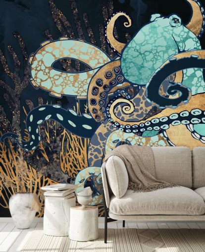 peinture murale en forme de poulpe turquoise, doré et bleu marine appelée Octopus II par SpaceFrog Designs pour les salles de bain et les chambres