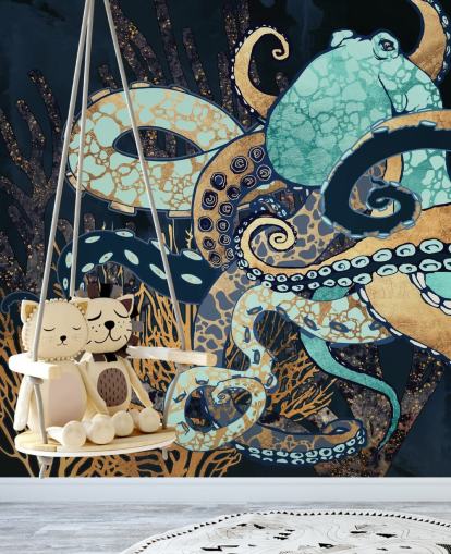 turquoise, gold and navy octopus wall mural called Octopus II by SpaceFrog Designs for bathrooms and bedrooms