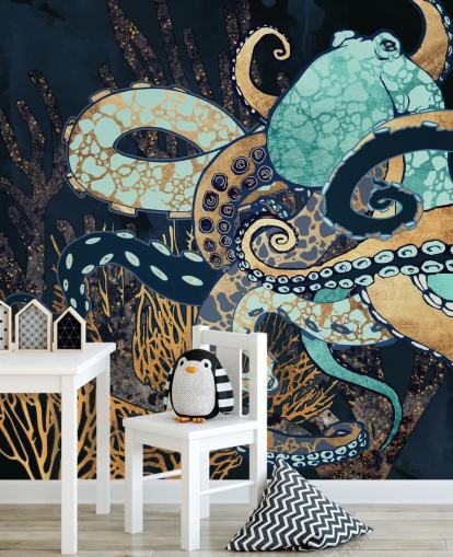 murale a parete con polpo turchese, oro e blu marino chiamato Octopus II di SpaceFrog Designs per bagni e camere da letto