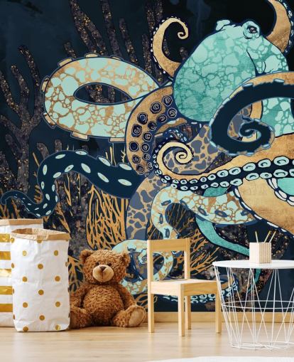 Tintenfisch-Wandbild in Türkis, Gold und Marineblau namens Octopus II von SpaceFrog Designs für Badezimmer und Schlafzimmer