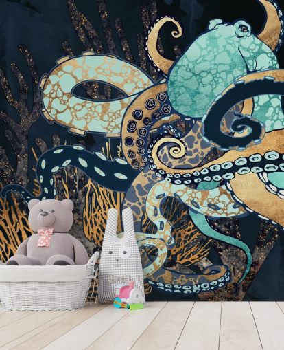 turkoosi, kulta ja laivastonsininen mustekala seinämaalaus nimeltä Octopus II by SpaceFrog Designs kylpyhuoneisiin ja makuuhuoneisiin