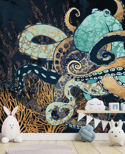 Tintenfisch-Wandbild in Türkis, Gold und Marineblau namens Octopus II von SpaceFrog Designs für Badezimmer und Schlafzimmer Tintenfisch-Wandbild in Türkis, Gold und Marineblau namens Octopus II von SpaceFrog Designs für Badezimmer und Schlafzimmer