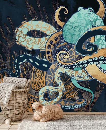 turquoise, gouden en marineblauwe octopus muurschildering genaamd Octopus II van SpaceFrog Designs voor badkamers en slaapkamers