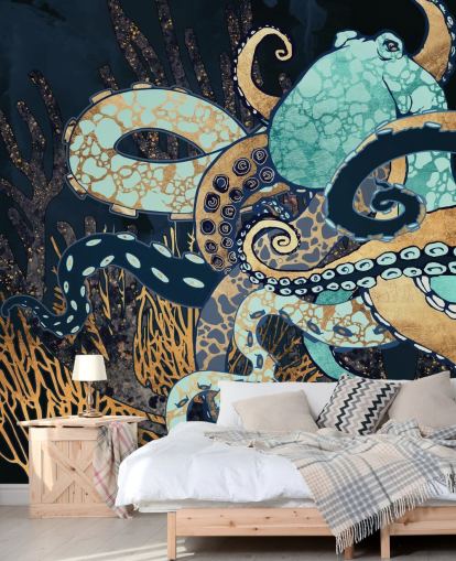 murale a parete con polpo turchese, oro e blu marino chiamato Octopus II di SpaceFrog Designs per bagni e camere da letto