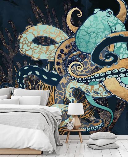mural de pared de pulpo turquesa, dorado y azul marino llamado Octopus II de SpaceFrog Designs para baños y dormitorios