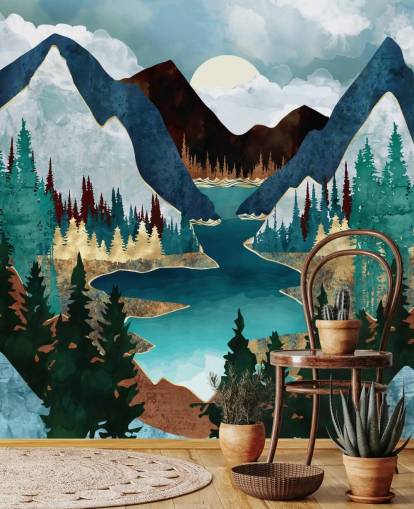 blue mountains and river wallpaper