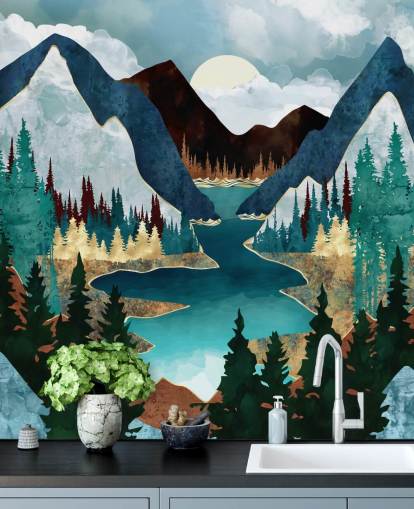 blue mountains and river wallpaper