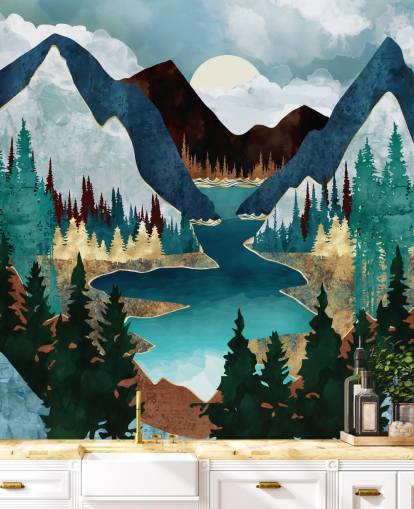 blue mountains and river wallpaper