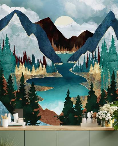 blue mountains and river wallpaper