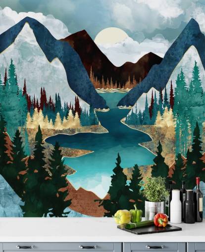 blue mountains and river wallpaper