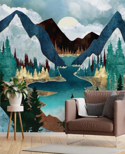 blue mountains and river wallpaper